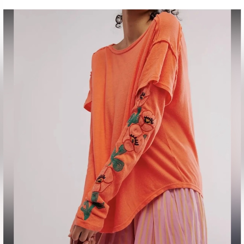 Free People Orange Embroidered Sleeve Top